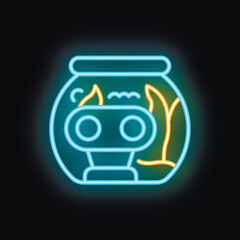 Neon sign illustrating a robot head in an aquarium with algae and fire inside, a funny illustration on black background