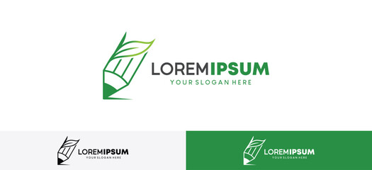 Vector illustration of pencil and nature leaf logo design for education logo symbol