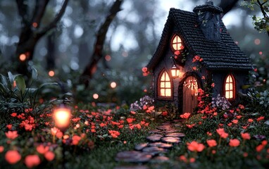 Fototapeta premium Enchanting Cottage in a Magical Forest Fairy Tale Home Night Scene