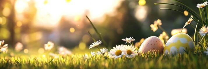 On Easter morning, a delightful scene unfolds with colorful eggs nestled in lush grass, surrounded by vibrant daisies symbolizing renewal, joy, and the festive spirit of this holiday