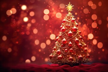 Christmas tree with intricate ornaments and glowing bokeh lights, standing out against a deep red background, evoking a festive and cozy feeling Isolated