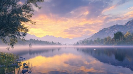 Serene Mountain Lake Sunset Mist Scenic View