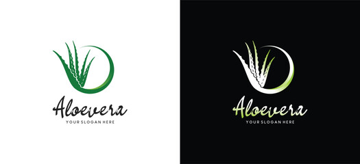 Aloe vera plant logo design vector template with natural fresh green leaves