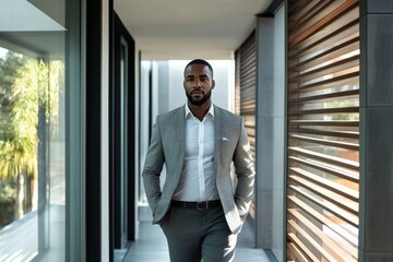 A determined man in a gray suit walks confidently down a sleek, modern hallway. The architectural design hints at a professional and focused environment.