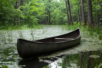 This evocative image captures a lone canoe adjacent to serene, algae-covered waters amid dense forest, evoking feelings of solitude, stillness, and natural beauty.
