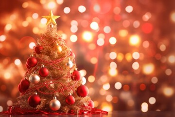 Decorated Christmas tree surrounded by twinkling bokeh lights and festive ornaments, creating a magical holiday scene on a red background
