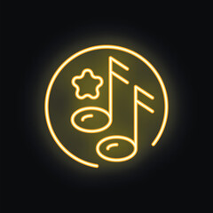 Yellow neon sign of musical notes with star shining brightly, representing music, entertainment, and nightlife