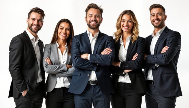 Happy business team poses confidently. Successful group in formal wear stands together on plain white background. Business partners look directly at camera with positive expressions. Project trust,