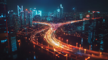 Fototapeta premium Smart digital Innovation city with connection network reciprocity over the cityscape. of future smart wireless digital city and social media networking systems that connects people with in city