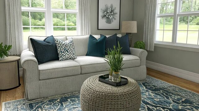 Cozy living room featuring a light gray sofa with decorative pillows and a stylish coffee table on a patterned rug