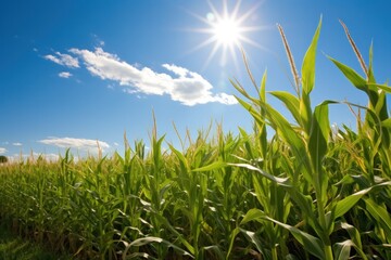 Obraz premium Expansive cornfield under the warm glow of morning sunlight, with tall, golden stalks swaying gently in the breeze, casting long shadows on the ground. 