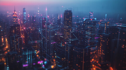 Fototapeta premium Smart digital Innovation city with connection network reciprocity over the cityscape. of future smart wireless digital city and social media networking systems that connects people with in city