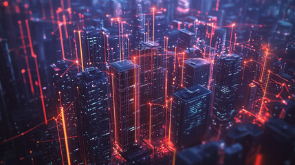 Fototapeta premium Smart digital Innovation city with connection network reciprocity over the cityscape. of future smart wireless digital city and social media networking systems that connects people with in city