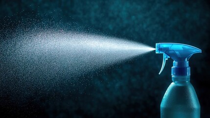 A close-up of an illuminated blue spray bottle spraying water against a dark background, symbolizing the use of cleaning product for rooms and surfaces in your home or office. Isolated on a pastel bac