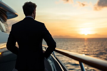 Fototapeta premium A silhouette of a man wearing a suit stands on a yacht watching the sunset, representing elegance, serenity, and the quiet reflection of life's journey.