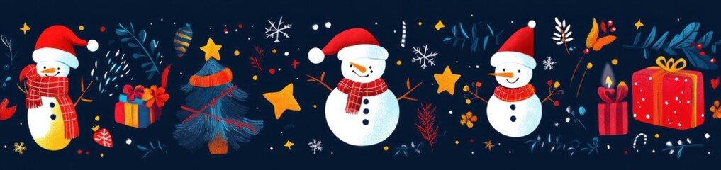 Fototapeta premium Charming Christmas Snowmen Festive Design Blue Background