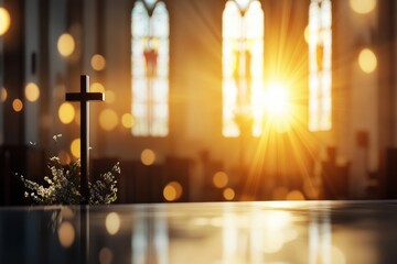 A serene church interior illuminated by warm sunlight during Easter, highlighting a wooden cross symbolizing resurrection and hope, with stained glass windows enhancing the sacred ambiance.