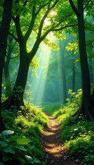 Obraz premium Lush green canopy, sunlight dappled forest floor, fresh, rich