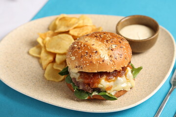 Cheeseburger with Caramelized Onions and Potato Chips