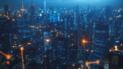 Fototapeta premium Smart digital Innovation city with connection network reciprocity over the cityscape. of future smart wireless digital city and social media networking systems that connects people with in city