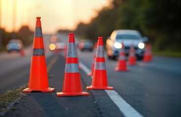 Orange traffic cones mark roadside DUI checkpoint. Law enforcement presence controls traffic flow on asphalt road. Sunset light falls on road. Safety measures ensure driver compliance. Road safety
