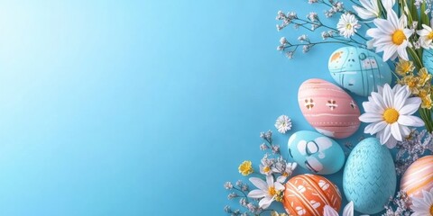 A beautifully vibrant and colorful arrangement of Easter eggs nestled gently among delicate flowers, symbolizing the joy, warmth, and renewal associated with the beloved Easter celebration