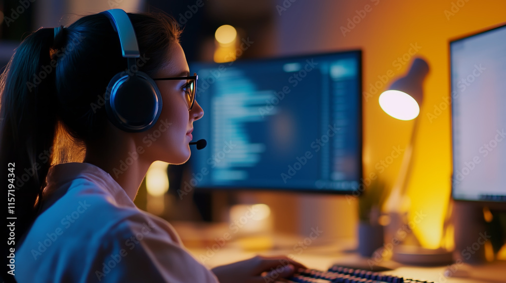 Poster woman in glasses using a headset while working late on computer programming tasks in a dimly lit hom