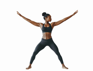 Obraz premium A person doing a yoga Warrior II pose, wearing comfortable fitness attire, front view, centered on a white background to capture the posture