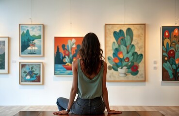 Latin woman enjoys art exhibition. Young adult admires colorful abstract paintings. Sitting on bench in gallery. Attractive woman thoughtfully views art display. Contemporary art gallery setting.