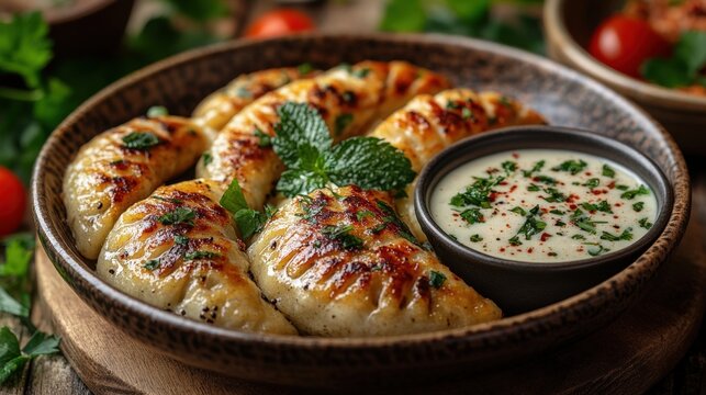 Close-up of pan-fried dumplings with creamy sauce and herbs.