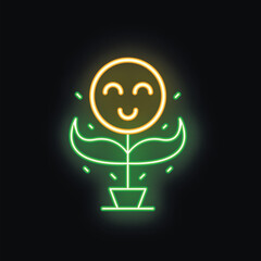 Neon sign of a cute smiling flower with glowing face in a pot, spreading happiness and good vibes