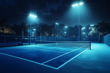Brightly lit tennis court at night showcasing an inviting atmosphere for evening matches and practice sessions