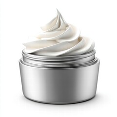 A sleek silver container filled with fluffy white cream, ideal for skincare or cosmetic use.