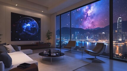 Fototapeta premium Modern living room with a planetary mural on the wall and a breathtaking nighttime city skyline.