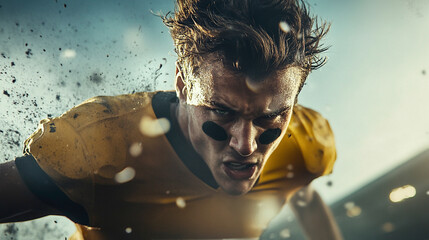 A fierce football player mid-action, wearing a yellow jersey and black eye paint, with an intense and determined expression. The scene captures the energy and adrenaline of the moment