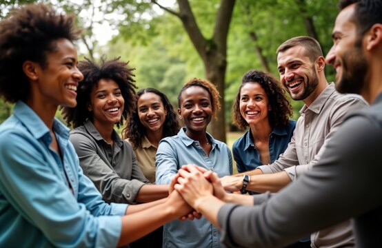 Diverse group of employees joyfully participate in team-building event outdoors. Hands joined together in circle signifies unity, camaraderie. Positive energy, interaction fills park environment. - Powered by Adobe