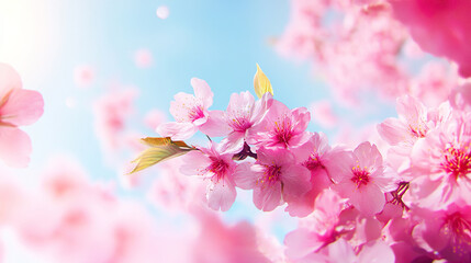 Beautiful delicate flowers pink cherry blossoms on the background of the park and blue sky, spring wallpaper background