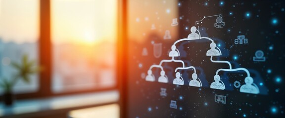 Sunrise illuminates organizational chart. White lines, icons symbolize business structure. Soft light creates hierarchy. Blurred background suggests office space digital screen. Diagram shows