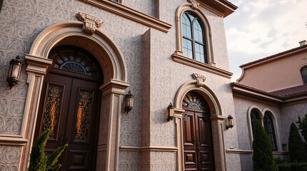Obraz premium Residential Building Facade with Arched Entryways and Stucco Exterior