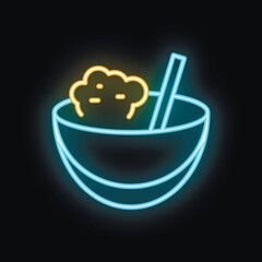 Neon sign of a steaming bowl of ramen noodles with chopsticks, perfect for restaurants and businesses