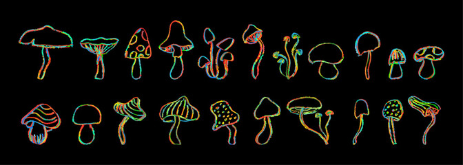 Set of fantasy mushrooms. Line art funny floral elements. Mushroom sketch collection in 1960s or 1970s style on black chalkboard. Vector groovy icons in children style, drawn by crayon pencil.