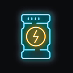 Neon icon of power bank for smartphone showing battery charging status