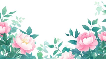 Obraz premium Soft Pink Peony Flowers with Green Leaves on White Background