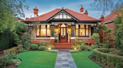 Fototapeta premium Picturesque Victorian house with a charming front yard, ideal for showcasing traditional elegance.