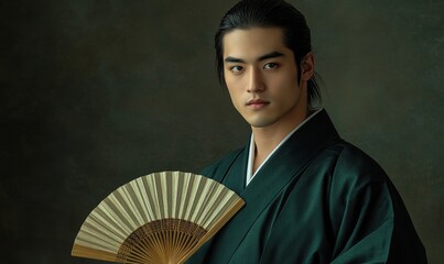 A man wearing a green kimono holding a fan