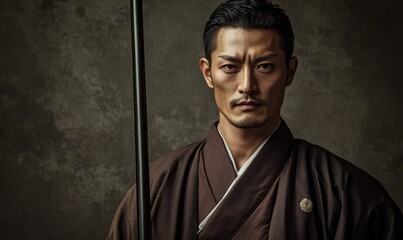 A man in a brown robe holding a sword