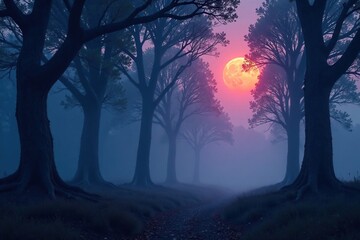 Fototapeta premium Twilight forest with twisted tree trunks and misty fog, twilight, abstract landscape
