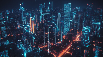Obraz premium Smart digital Innovation city with connection network reciprocity over the cityscape. of future smart wireless digital city and social media networking systems that connects people with in city