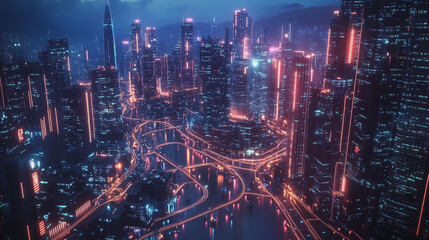 Fototapeta premium Smart digital Innovation city with connection network reciprocity over the cityscape. of future smart wireless digital city and social media networking systems that connects people with in city