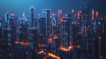 Fototapeta premium Smart digital Innovation city with connection network reciprocity over the cityscape. of future smart wireless digital city and social media networking systems that connects people with in city